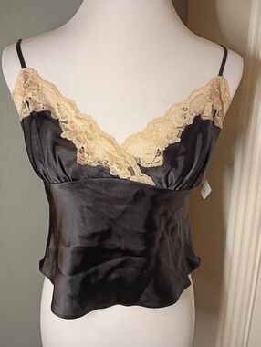 Frederick's of Hollywood Black Satin Camisole Or Tank with Beige Lace NWT MED